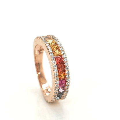 Multi Sapphire And Diamond Ring In 18k Rose Gold.