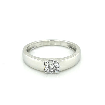 Wide Band Solitaire Diamond Ring In 18k White Gold.