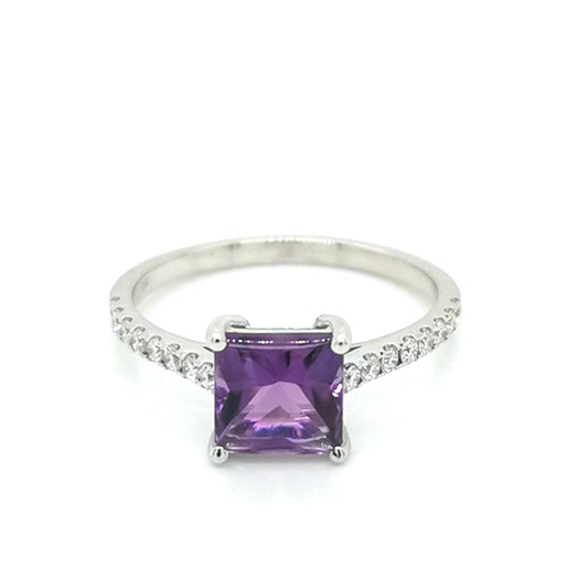 Amethyst And Diamond Ring In 18k White Gold.