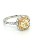 Solitaire Double Halo Fancy Yellow Diamond Ring In 18k White Gold.