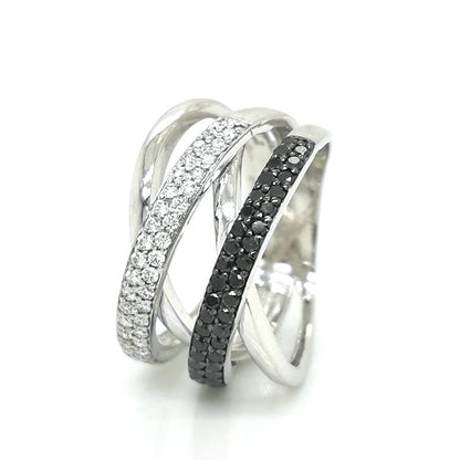 Multi Row Cross Over Black And White Diamond Cocktail Ring In 18k White Gold.
