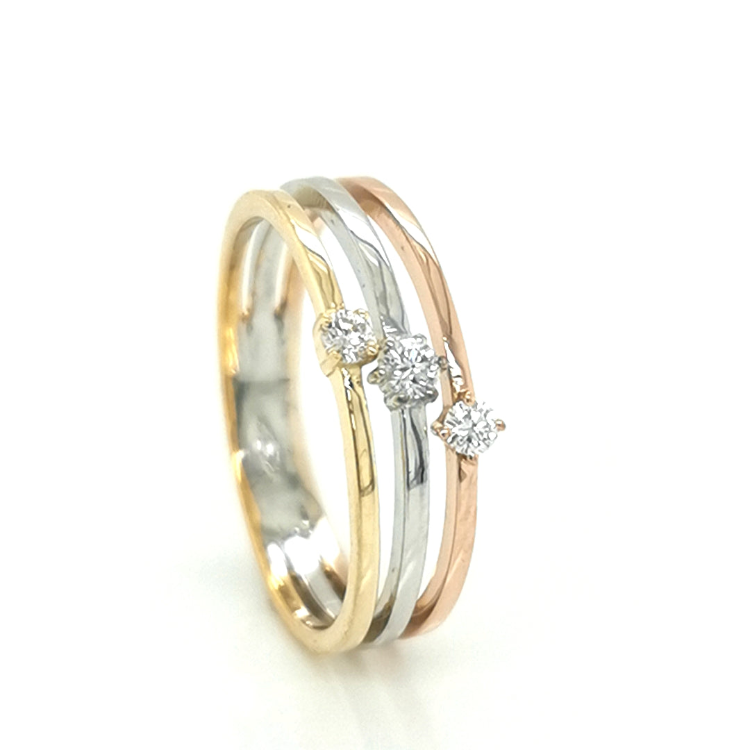 Multi Row, Three Tone Diamond Ring In 18k Gold.