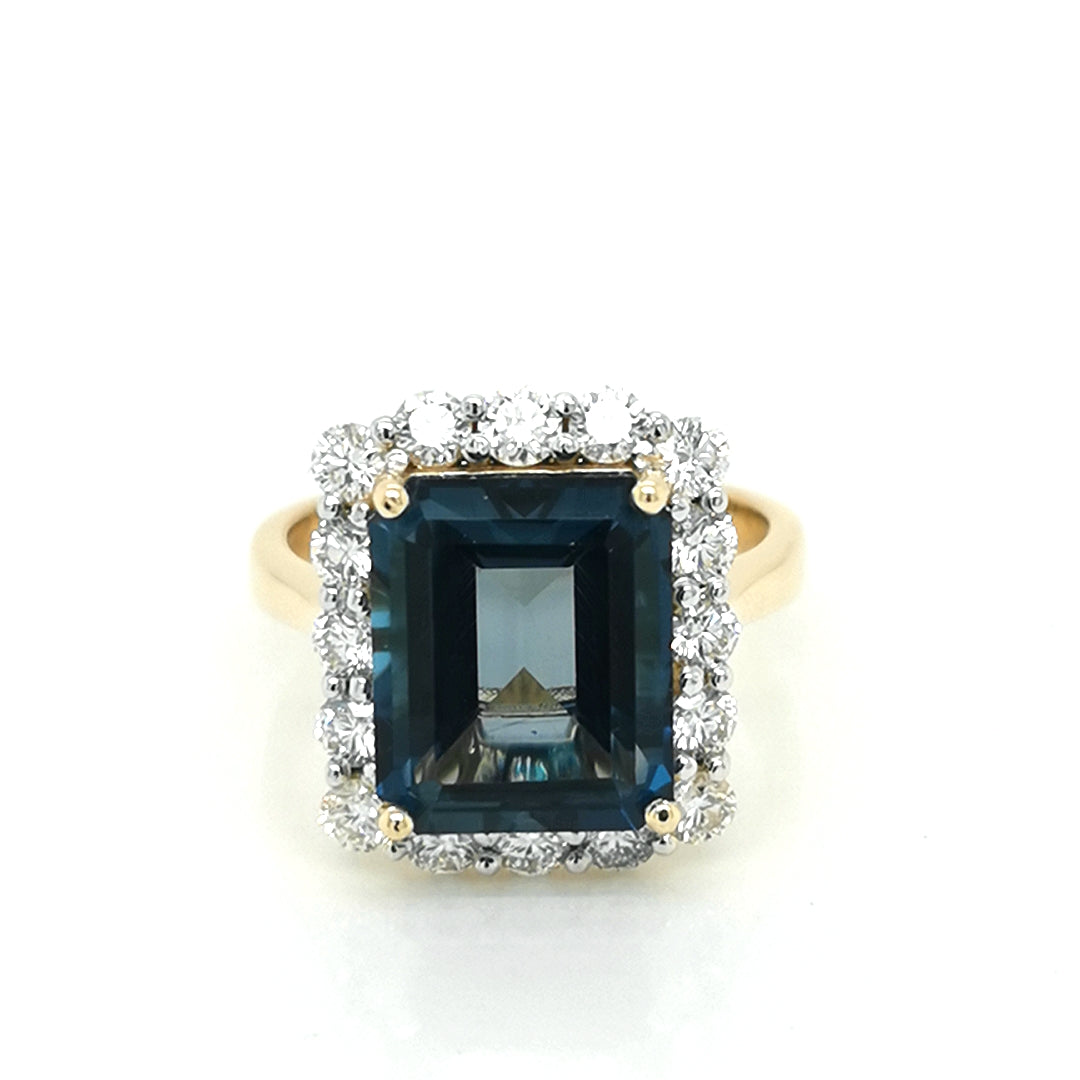 London Blue Topaz And Diamond Ring In 18k Yellow Gold.