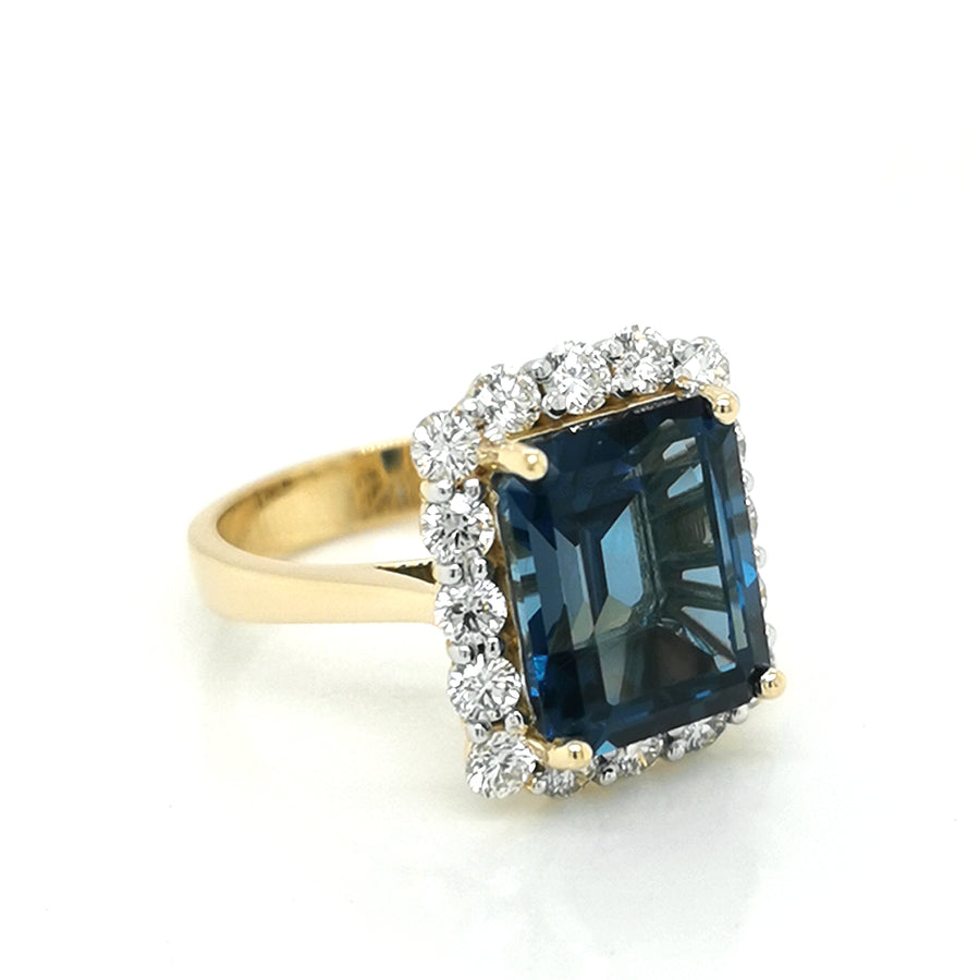London Blue Topaz And Diamond Ring In 18k Yellow Gold.