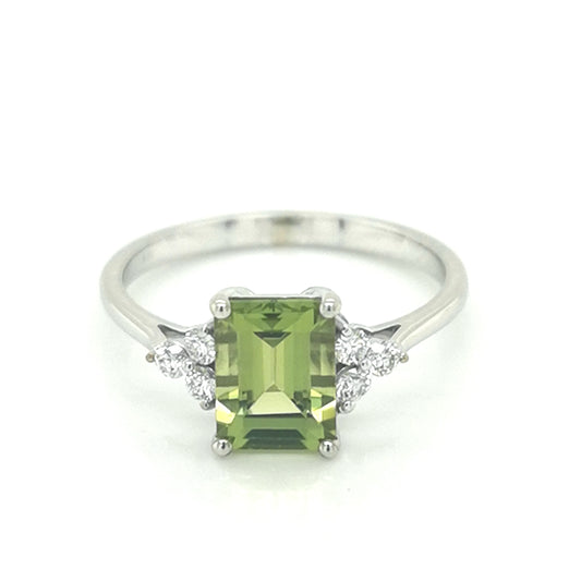 Peridot And Diamond Ring In 18k White Gold.