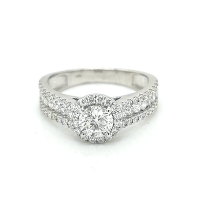 Solitaire Diamond Ring With Diamond Encrusted Band In 18k White Gold.