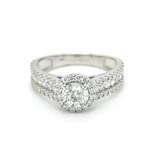 Solitaire Diamond Ring With Diamond Encrusted Band In 18k White Gold.