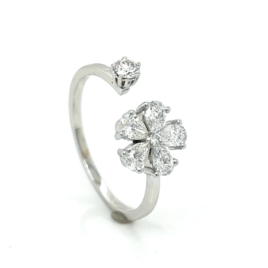 Open Cuff Flower Shape Diamond Ring In 18k White Gold.