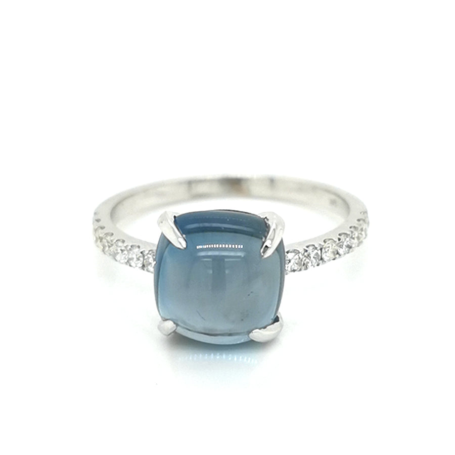 Cabochon London Blue Topaz And Diamond Ring In 18k White Gold.