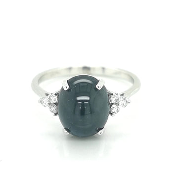 Cabochon Blue Sapphire And Diamond Ring In 18k White Gold.