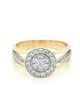 Cluster Set Center With Three Row Split Shank Diamond Ring In 18k Yellow Gold.