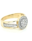 Cluster Set Center With Three Row Split Shank Diamond Ring In 18k Yellow Gold.