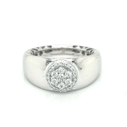 Floral Cluster Halo Wide Band Diamond Ring In 18k White Gold.