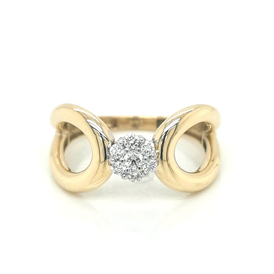 Cluster Set Diamond Ring With A Designer Rounded Wide Band In 18k Yellow Gold.