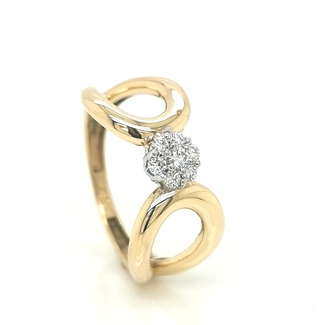 Cluster Set Diamond Ring With A Designer Rounded Wide Band In 18k Yellow Gold.