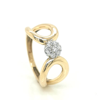 Cluster Set Diamond Ring With A Designer Rounded Wide Band In 18k Yellow Gold.