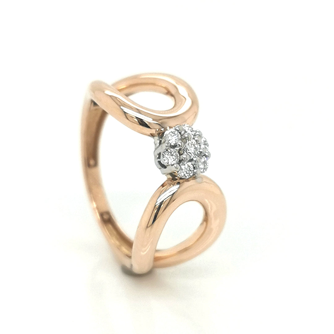 Cluster Set Diamond Ring With A Designer Rounded Wide Band In 18k Rose Gold.