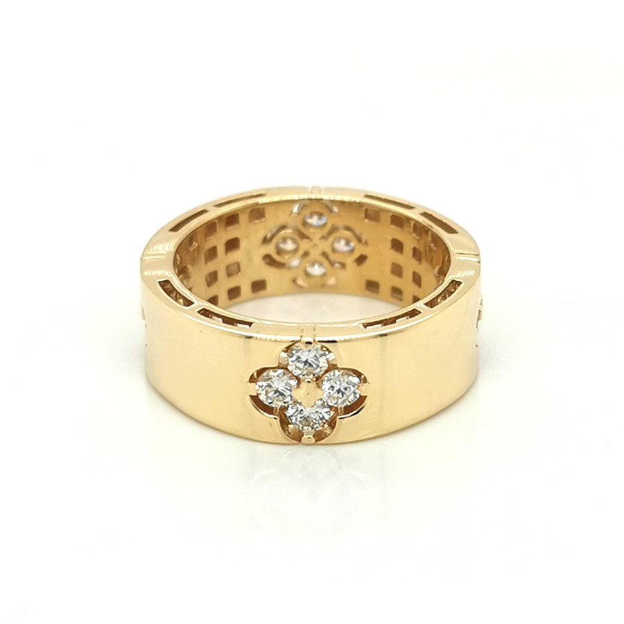 Flat, Pipe Cut Band Diamond Ring With A Floral Cluster In 18k Yellow Gold.