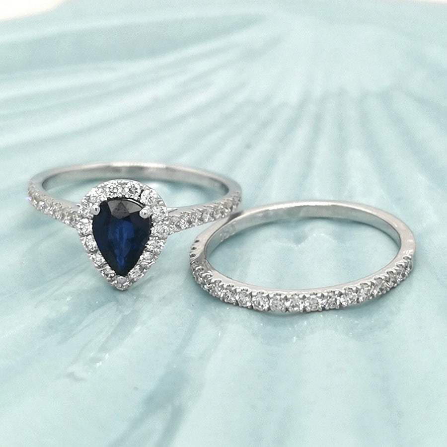 Blue Sapphire Engagement Ring And Wedding Ring, Bridal Set In 18k White Gold.