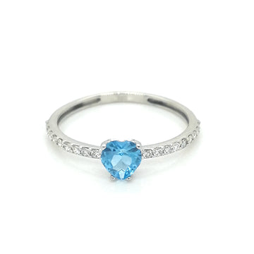 Heart Shaped Blue Topaz And Diamond Ring In 18k White Gold.