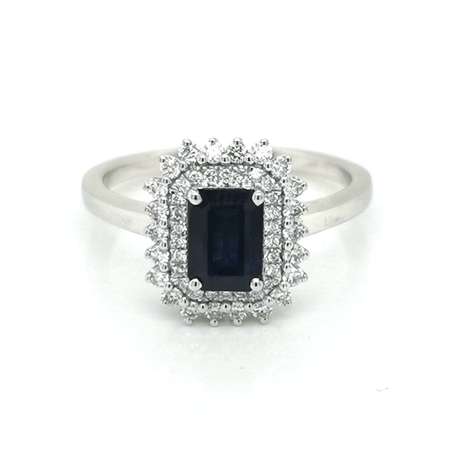 Sapphire Ring With Double Diamond Halo In 18k White Gold.
