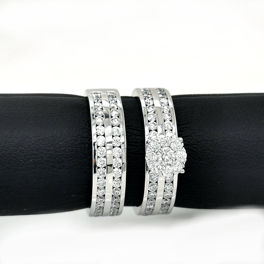 Cluster Set Diamond Engagement Ring And Wedding Band,  Bridal Set In 18k White Gold.