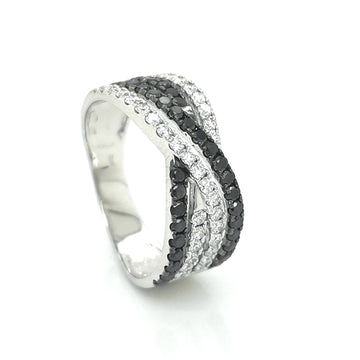 Crossover Black And White Diamond Ring In 18k White Gold.