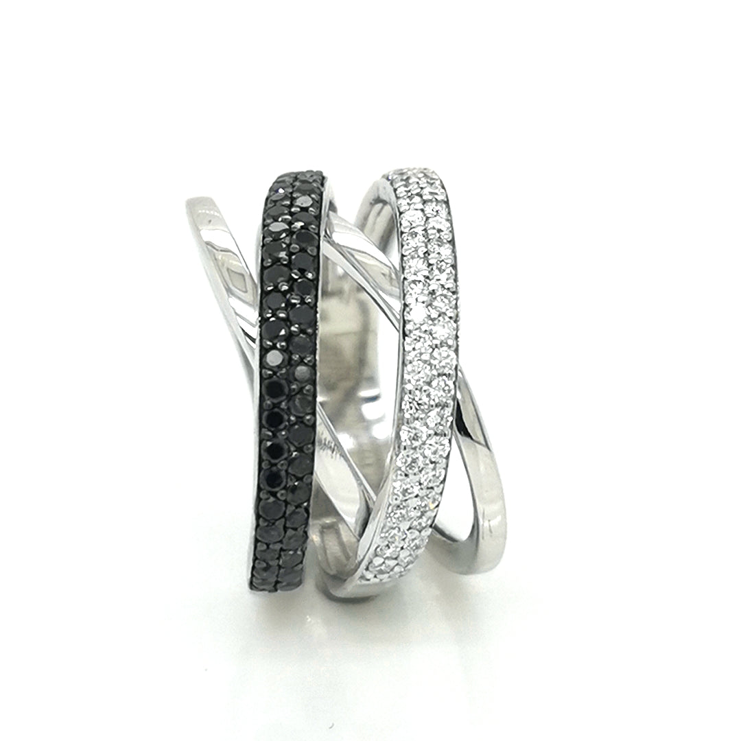Bold Multi Row Cross Over Black And White Diamond Ring In 18k White Gold.
