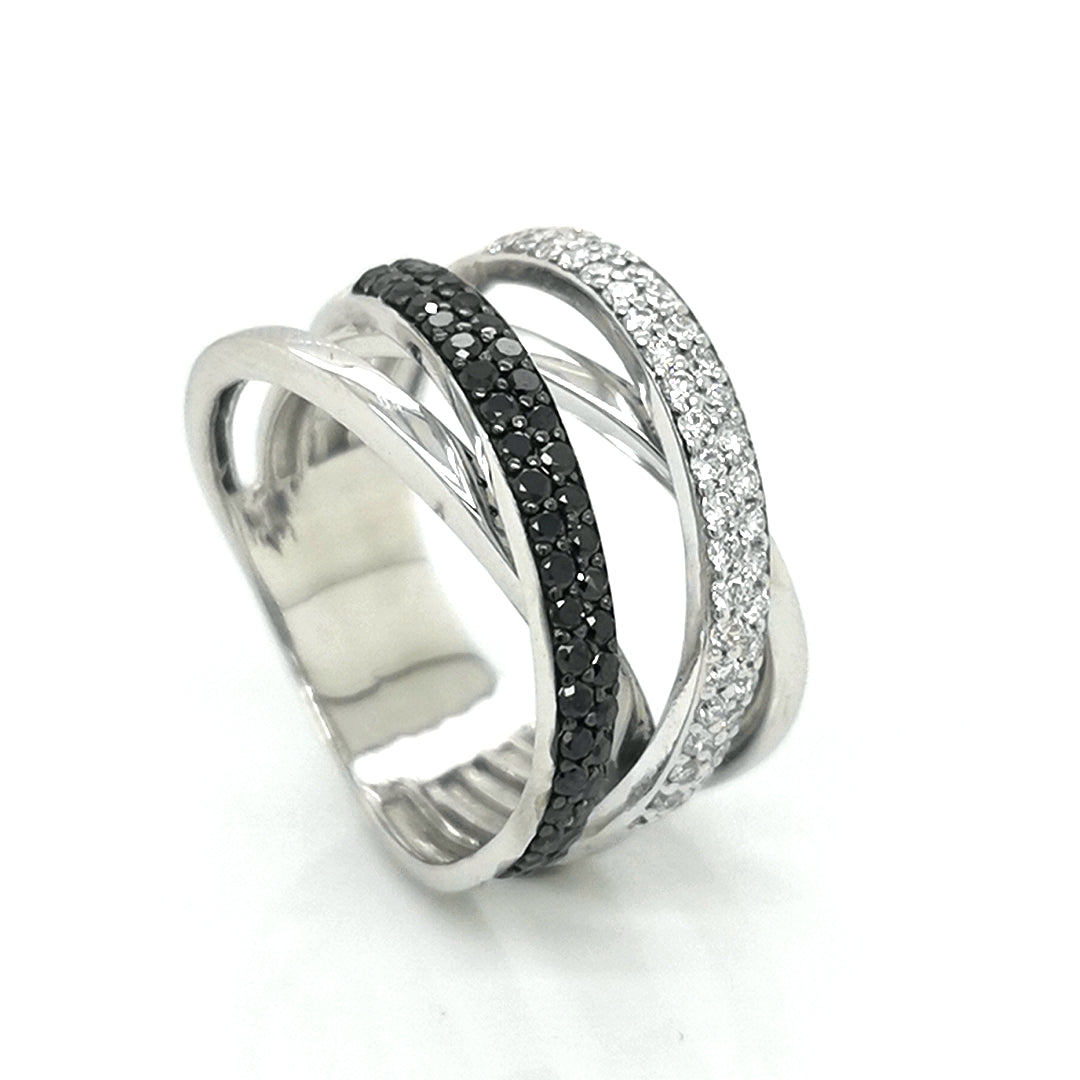 Bold Multi Row Cross Over Black And White Diamond Ring In 18k White Gold.