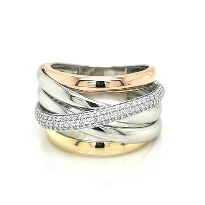 Bold Three Tone, Tri-Colour Crossover Diamond Ring In 18k Gold.