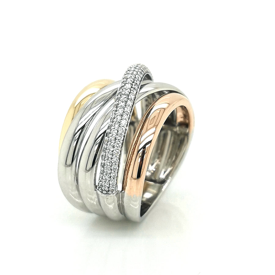 Bold Three Tone, Tri-Colour Crossover Diamond Ring In 18k Gold.