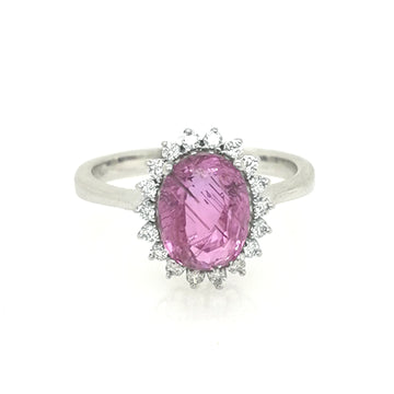 Pink Sapphire With Diamond Halo Ring In 18k White Gold.