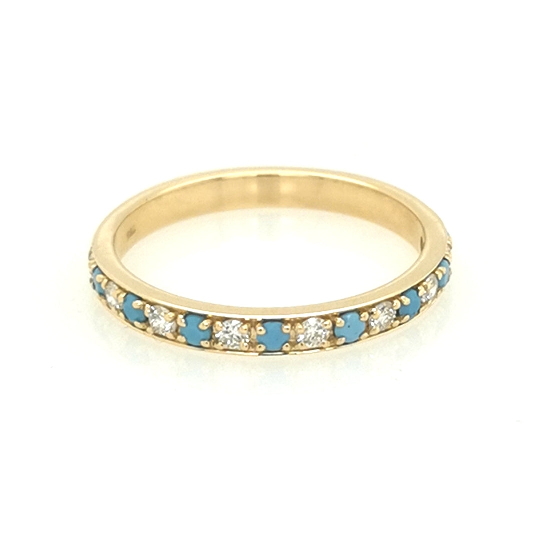 Half Eternity Turquoise And Diamond Ring/ Wedding Ring/Stack Ring In 18k Yellow Gold.