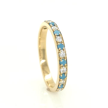 Half Eternity Turquoise And Diamond Ring/ Wedding Ring/Stack Ring In 18k Yellow Gold.