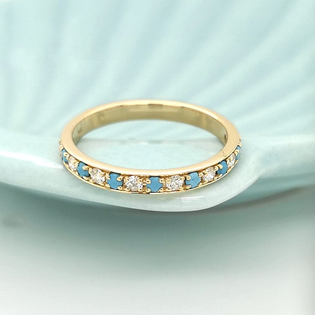 Half Eternity Turquoise And Diamond Ring/ Wedding Ring/Stack Ring In 18k Yellow Gold.