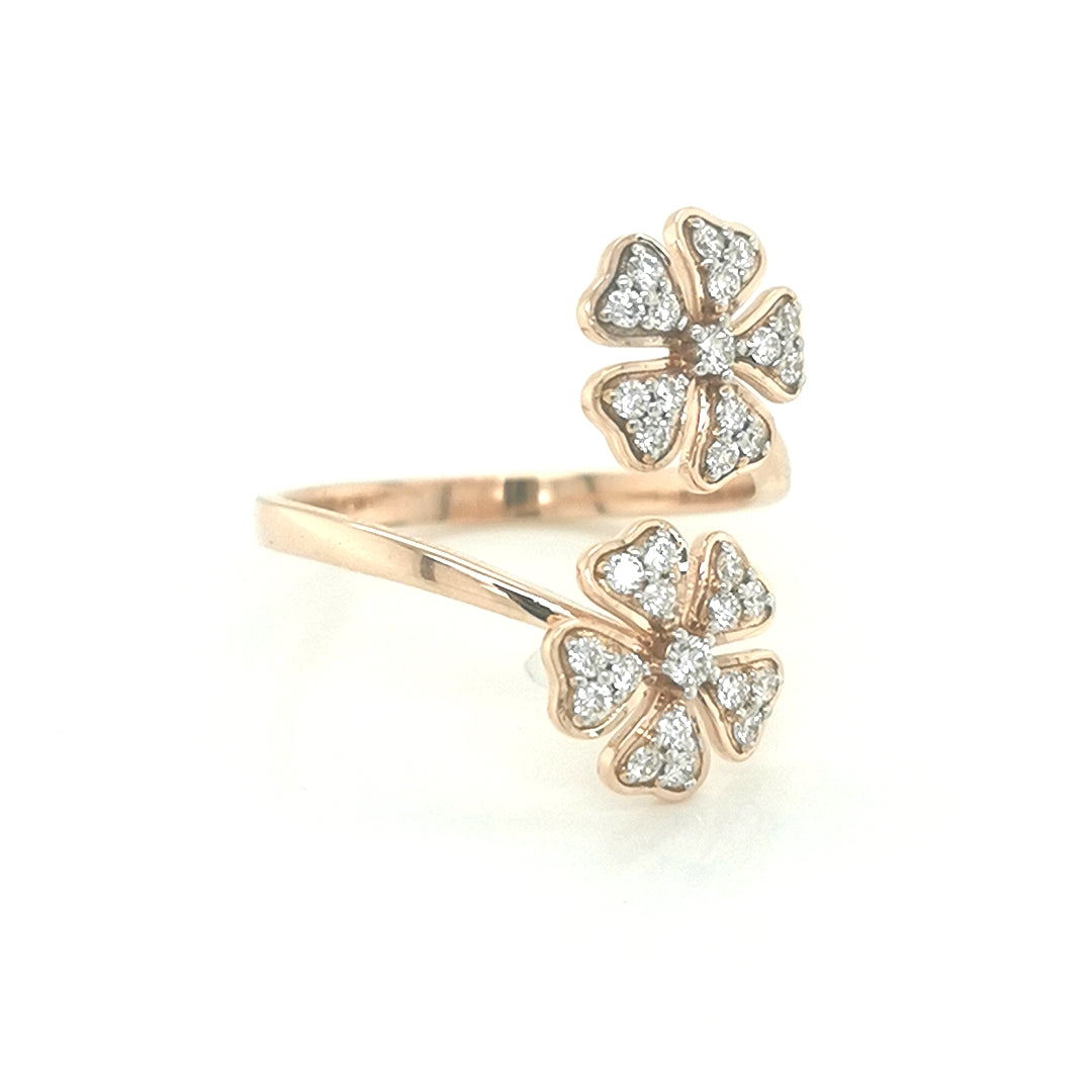 Bypass Open Cuff Double Daisy Flower Ring In 18k Rose Gold.