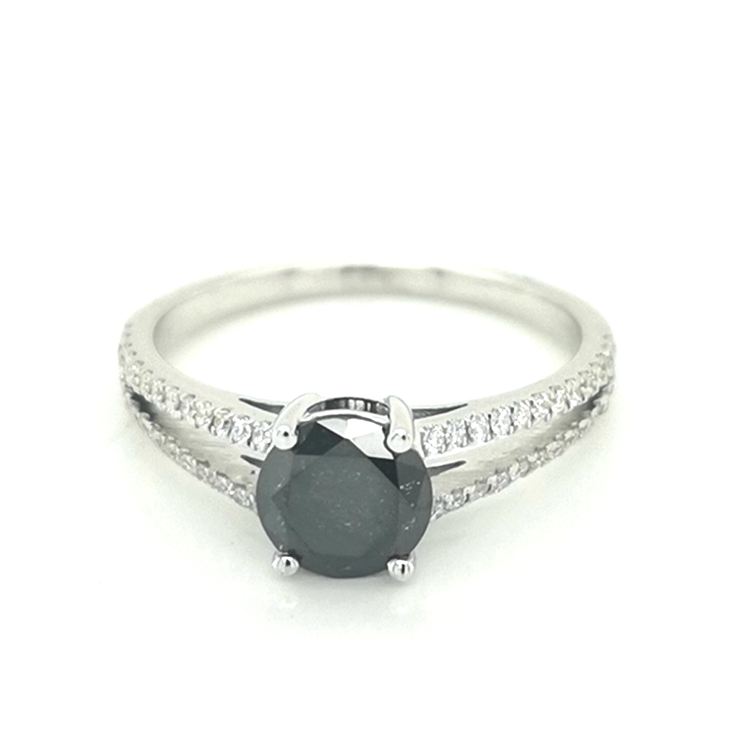 Solitaire Black Diamond Ring In 18k White Gold.