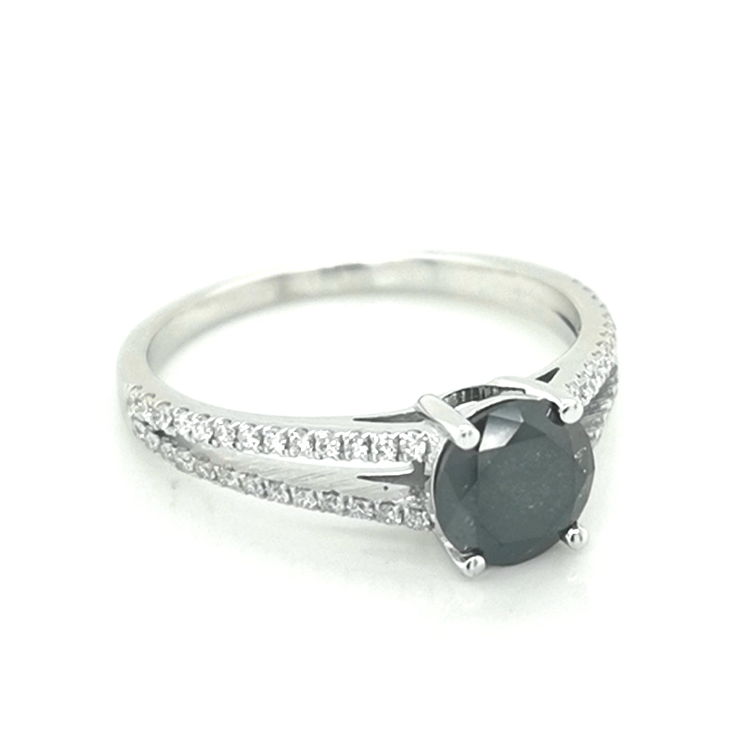 Solitaire Black Diamond Ring In 18k White Gold.