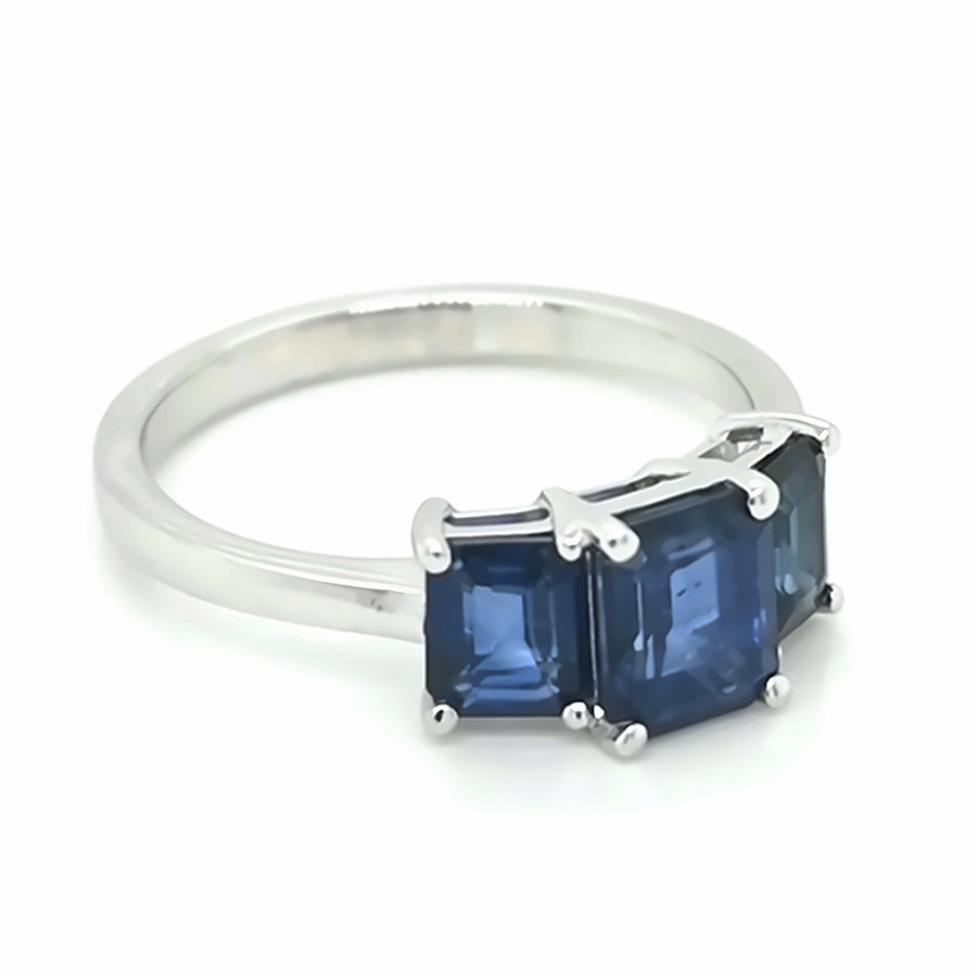 Blue Sapphire Trilogy / Cocktail Ring In 18k White Gold.
