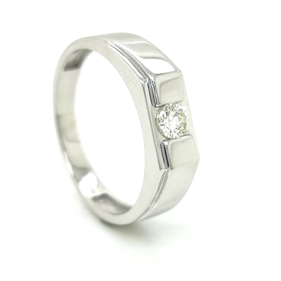 Men's Solitaire Diamond Ring In 18k White Gold.