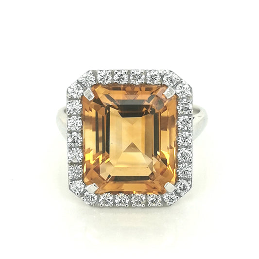 Citrine And Diamond Halo Ring In 18k White Gold.