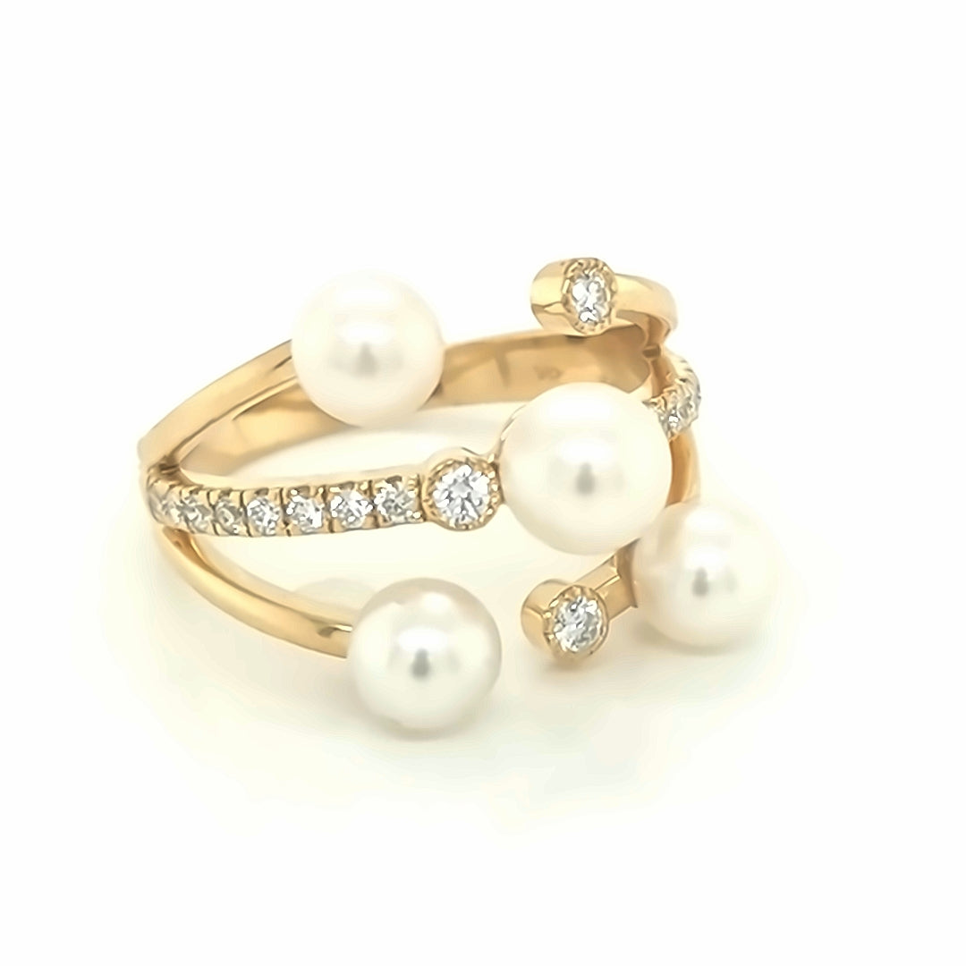 Multi Row Pearl And Diamond Ring In 18k Yellow Gold.