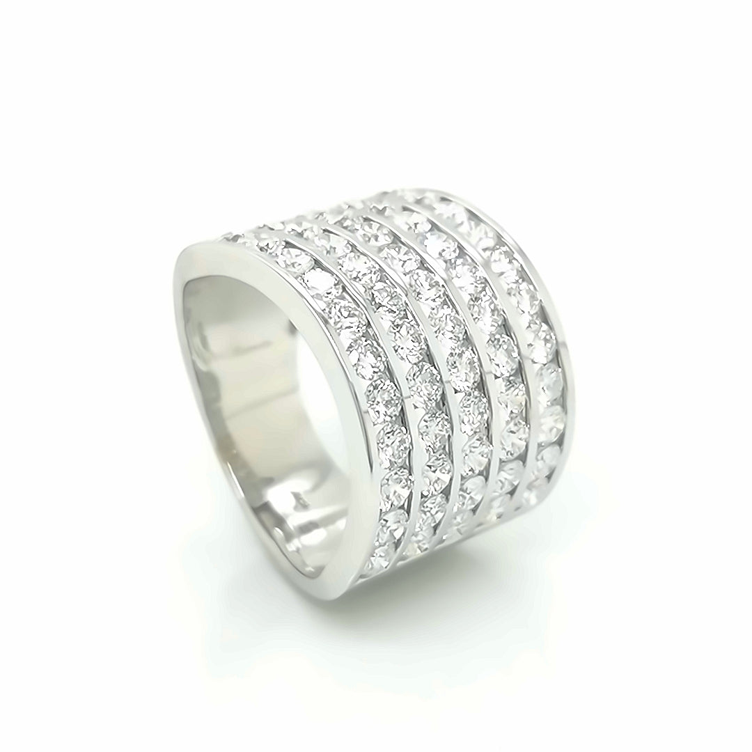 Wide Band, Multiple Row Diamond Ring In 18k White Gold.