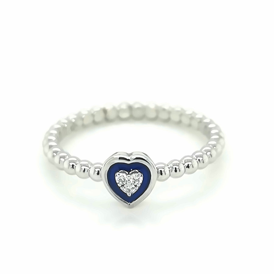 Blue Enamel Heart, Diamond Ring In 18k White Gold.