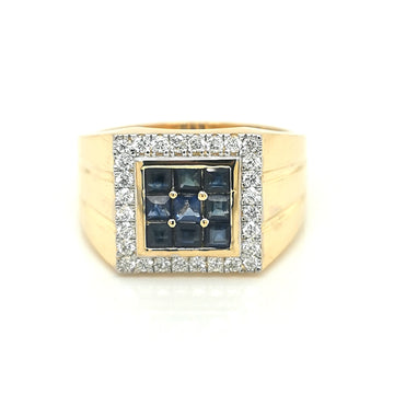 Diamond And Princess Cut Blue Sapphire Ring In 18k Yellow Gold.