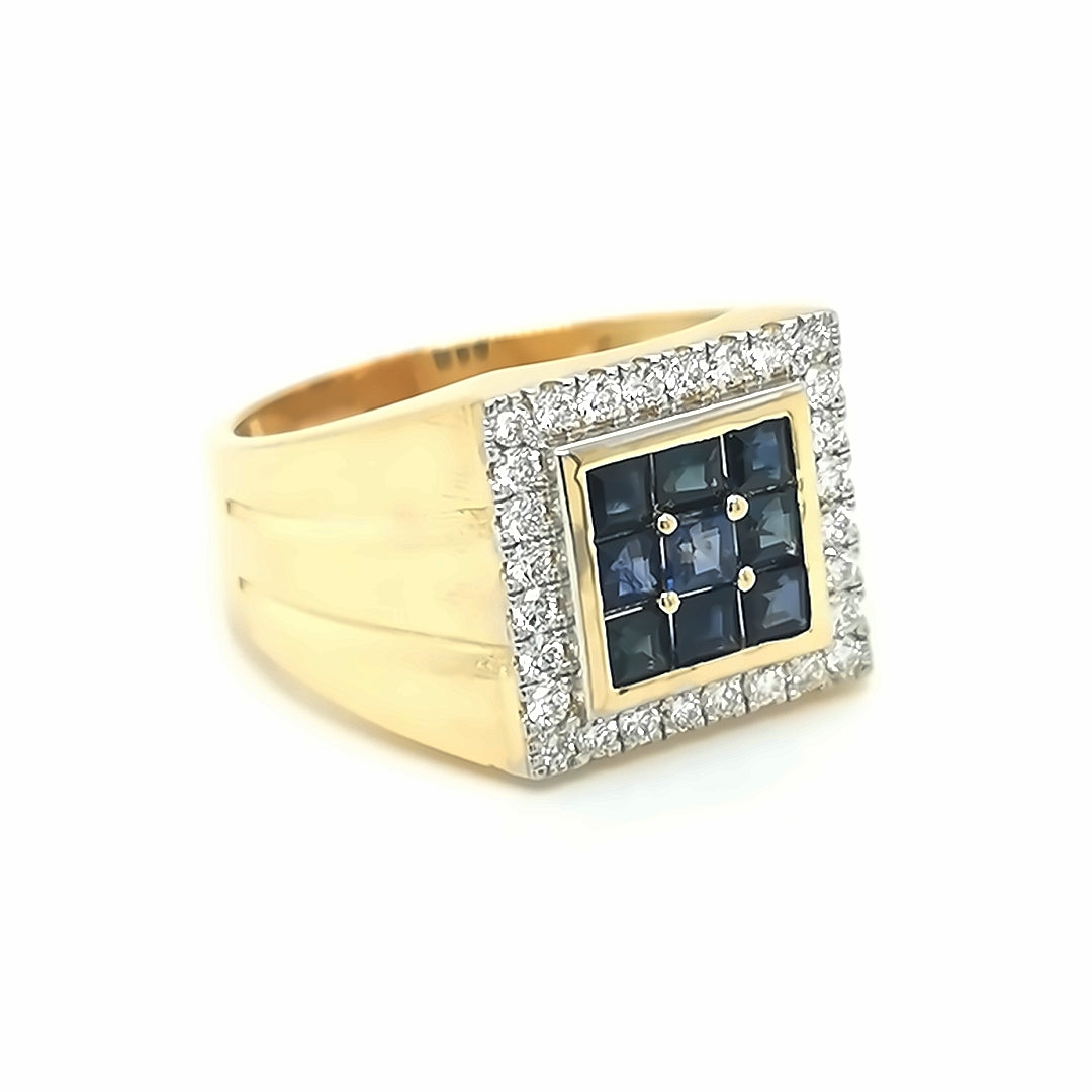 Diamond And Princess Cut Blue Sapphire Ring In 18k Yellow Gold.