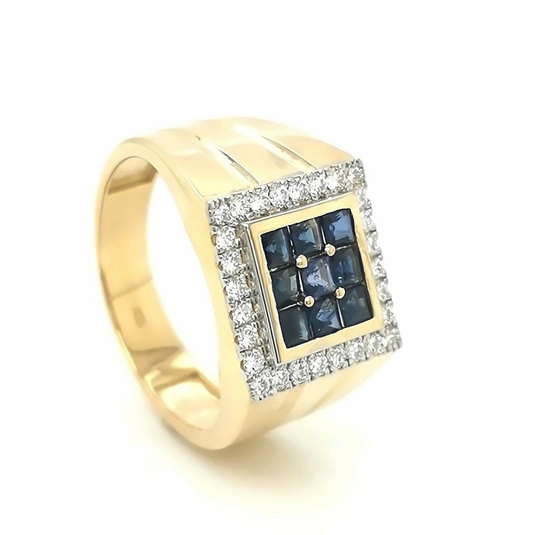 mens diamond and sapphire ring in 18k yellow gold.