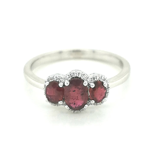 Trilogy Ruby And Diamond Ring In 18k White Gold.
