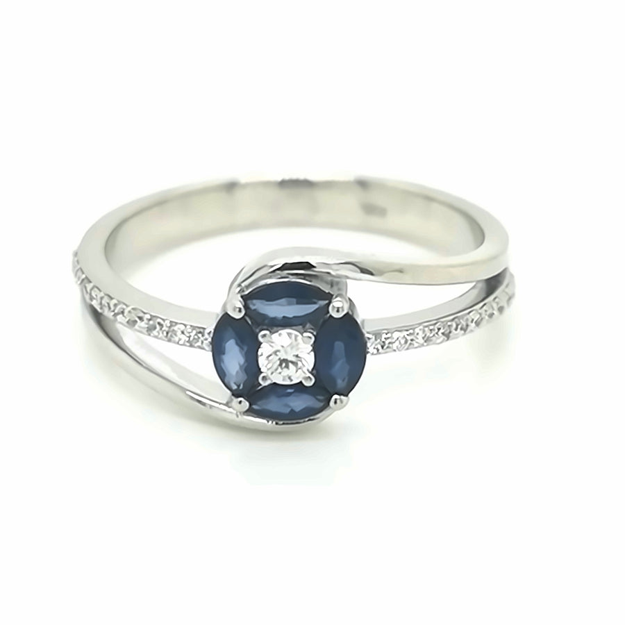 Blue Sapphire And Diamond Ring In 18k White Gold, 