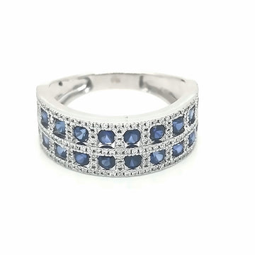 Two Row Blue Sapphire And Diamond Ring In 18k White Gold.